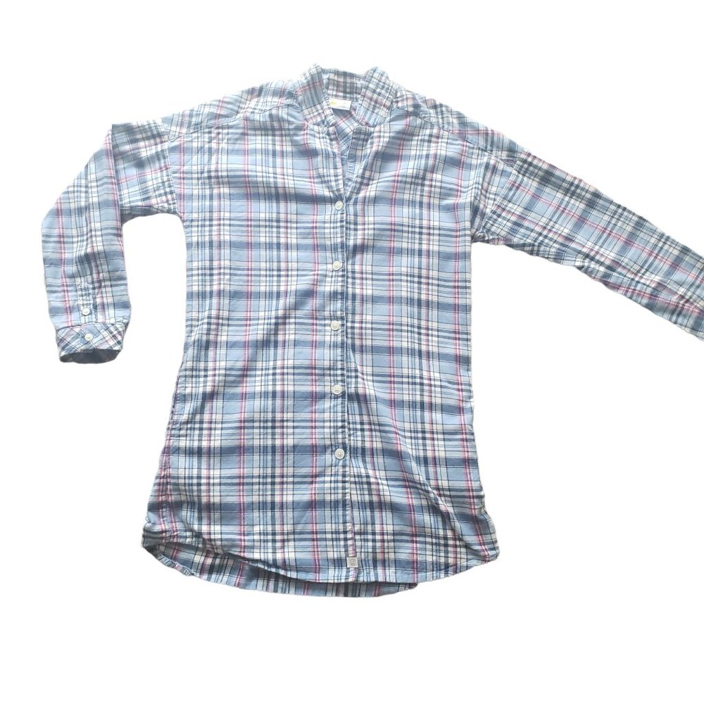 Life is Good Long Sleeve Button Down Night Gown - Light Blue Plaid - Size Small